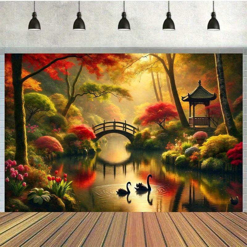 Autumn Garden Bridge Swans Wal - Interior Design Landscape 评论和价格