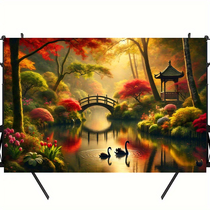 Autumn Garden Bridge Swans Wal - Interior Design Landscape 评论和价格