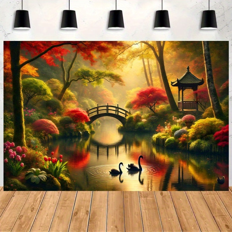 Autumn Garden Bridge Swans Wal - Interior Design Landscape 评论和价格